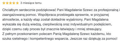 Opinia o współpracy z Magdaleną Szewc 2